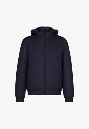 Dunkelblous Jacke mit einem Reißverschluss vorne, elastischen Bündchen und Kapuze. Der Stoff hat eine strukturierte Oberfläche, die ein gemütliches Aussehen verleiht.