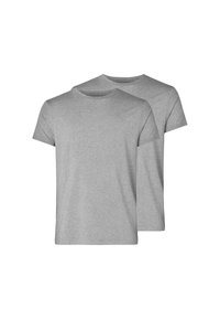 Zwei schlichte graue T-Shirts mit kurzen Ärmeln und Rundhalsausschnitt, aus weichem Stoff, mit einer glatten, gleichmäßigen Textur ohne Muster.