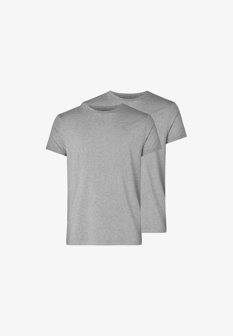 Zwei schlichte graue T-Shirts mit kurzen Ärmeln und Rundhalsausschnitt, aus weichem Stoff, mit einer glatten, gleichmäßigen Textur ohne Muster.