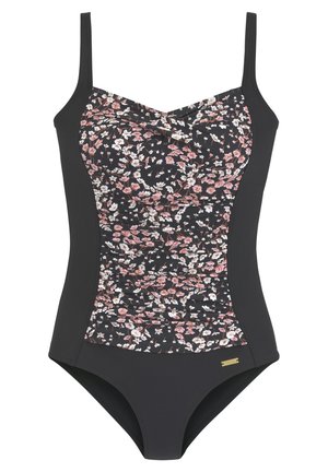Black one-piece swimsuit with adjustable straps, featuring a central pink and white floral pattern and a small gold logo tag at the hip.