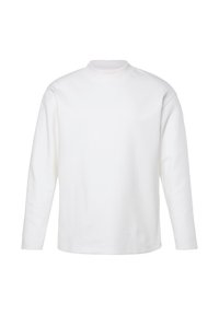 Camicia bianca a maniche lunghe con colletto alto, realizzata in un tessuto liscio. Presenta spalle basse e una vestibilità morbida, design minimalista.