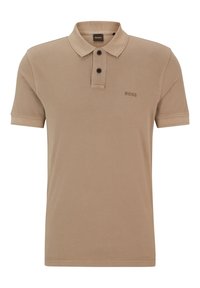 Beige polo shirt gemaakt van gemêleerd stof met een klassieke kraag, een twee-knopen knoopsluiting en een geborduurd logo op de borst.