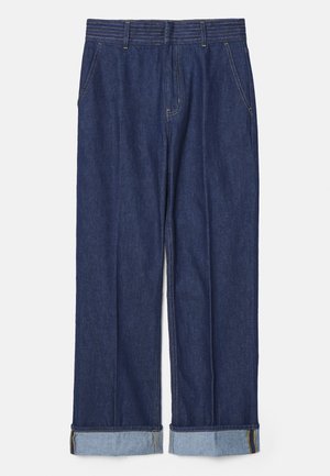 Tumed sinised teksapüksid sirge jala disainiga, viie taskuga ja kergete siniste kontrastõmblustega keeratud äärtega.