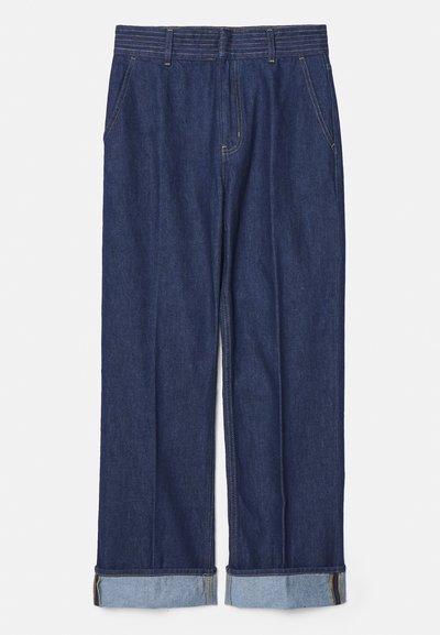 Dark blue denim trousers with a straight-leg design, featuring five pockets and rolled cuffs with light blue contrast stitching.