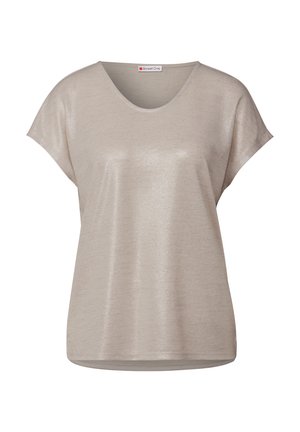 Ljusbeige kortärmad topp med V-ringning, tillverkad av ett mjukt, texturerat och glänsande tyg. Har en lös, avslappnad passform och en rak nederkant.