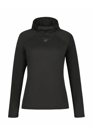Hoodie de sport noir à manches longues avec une silhouette ajustée et un petit logo gris "R" sur la poitrine.