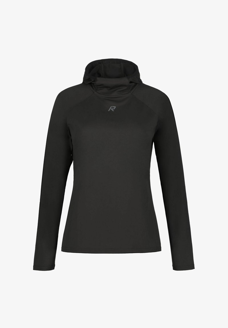 Schwarzer langärmliger Sport-Hoodie mit figurbetonter Silhouette und kleinem grauem "R"-Logo auf der Brust.