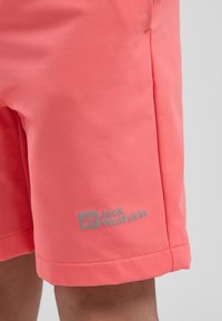 Pantaloni corti color corallo realizzati in tessuto morbido, con un logo sulla parte inferiore della gamba sinistra. Vita piatta, senza tasche, finitura liscia.