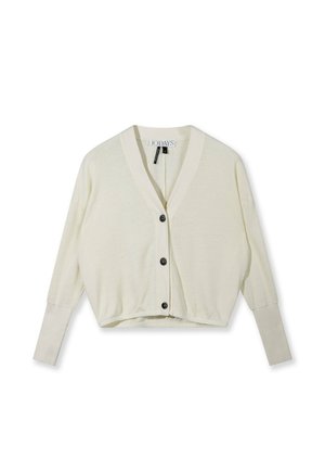 Roomkleurig gebreid vest met lange mouwen, V-hals, drie zwarte knopen aan de voorkant en aansluitende manchetten.