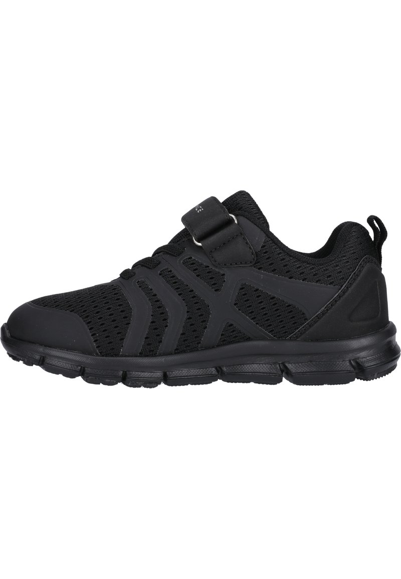 Zapatillas deportivas negras con parte superior de malla transpirable, suela de goma, correa de Velcro y acentos texturizados para un agarre y soporte óptimos.