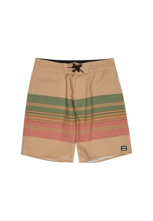 Beige board shorts with horizontal green and muted red stripes and a black lace tie at the waist.