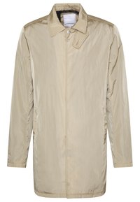 Beige lättviktsjacka med en slät textur, tryckknappsstängning, spetsig krage och långa ärmar. Har sidfickor och rak skärning.