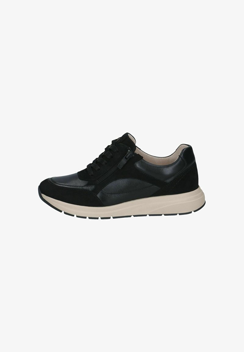 Baskets décontractées noires avec lacets à l’avant, fermeture éclair latérale et semelle épaisse beige, vues de côté sur fond blanc.