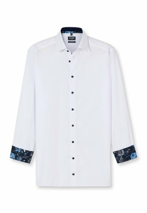 Weißes langärmeliges Herrenhemd mit marineblauen Knöpfen und dunklem floralen Muster am Innenkragen und an den Manschetten. Moderner Schnitt, Knopfleiste vorne.