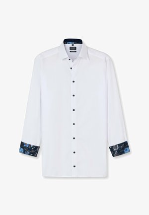 Weißes langärmeliges Herrenhemd mit marineblauen Knöpfen und dunklem floralen Muster am Innenkragen und an den Manschetten. Moderner Schnitt, Knopfleiste vorne.