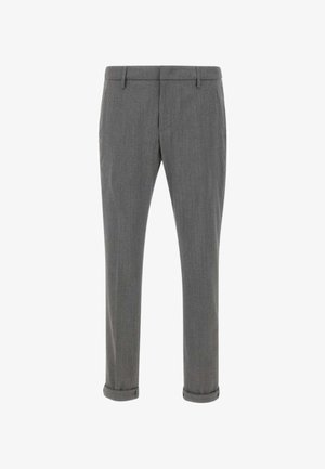 Grijze op maat gemaakte broek met een gladde textuur, een slanke pasvorm en opgerolde broekspijpen. Kenmerkt zich door een platte voorkant en riemlussen voor een extra ontwerpelement.