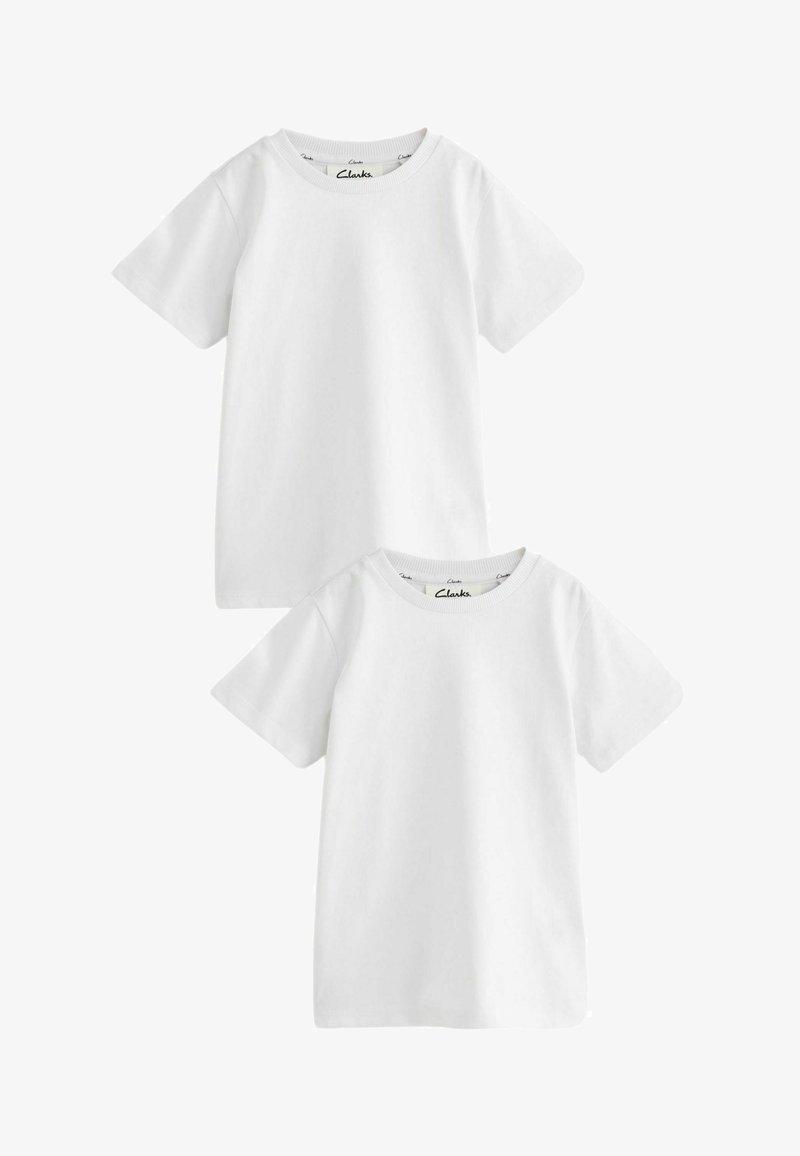 Zwei weiße Baumwoll-T-Shirts mit kurzen Ärmeln und Rundhalsausschnitten, die ein einfaches Design ohne Muster oder Akzente aufweisen.