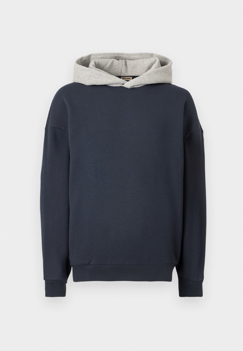 Dunkelblauer Hoodie mit einer grau gefütterten Kapuze, aus weichem Baumwollmaterial hergestellt. Besitzt lange Ärmel und gerippte Bündchen am Saum und den Ärmeln.