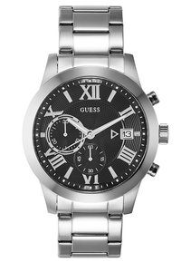 Montre en acier inoxydable avec un cadran texturé noir. Présente des chiffres romains, des sous-cadrans et une fenêtre de date. Finition argentée sur le bracelet.