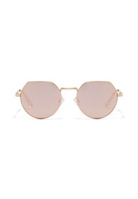 Gafas de sol redondas con un marco de metal color oro rosa y lentes de un suave tono rosa. Incluye puntas de patilla transparentes y una forma de lente octagonal.
