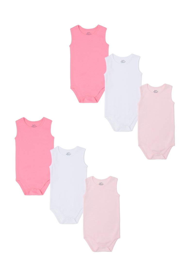 Tre tutine senza maniche rosa e tre bianche, realizzate in morbido cotone, con chiusure a scatto nella parte inferiore per un facile utilizzo.