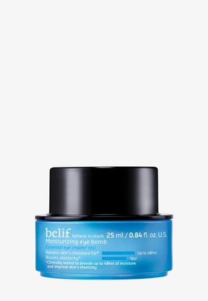 Pot de crème pour les yeux Belif Moisturizing eye bomb avec couvercle noir, étiqueté pour 25 ml, promet une rétention d'humidité de 48 heures et améliore l'élasticité de la peau.