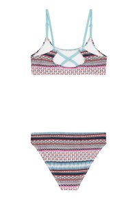 Bikini-set met een gekleurde patroon top met kruislings straps en bijpassende bottom, gemaakt van een gladde stof met een aangesloten pasvorm.