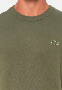 Close-up van een persoon die een olijfgroen gebreid sweater draagt met een klein geborduurd groen krokodillenlogo op de linkerborst.