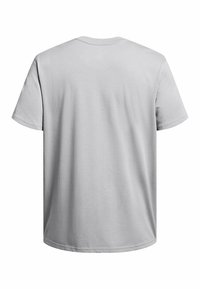 Grå bomulds t-shirt med rund hals, korte ærmer og en glat, udekoreret overflade; flad bagudsigt med en rund kant.