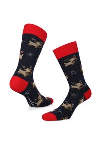 Granatowe skarpetki z czerwonymi akcentami, z wzorem renifera i białymi płatkami śniegu. Wykonane z miękkiego materiału, zaprojektowane z myślą o komforcie i ciepłocie.