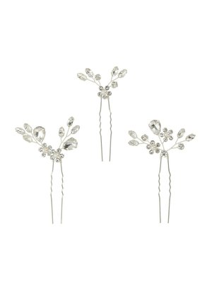 Drei Haarnadeln mit einem Design aus silbernem Draht, verziert mit klaren Kristallakzenten in Blumenformen, jede mit einer gedrehten, stabilen Basis für sicheren Halt beim Frisieren.
