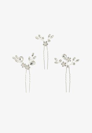 Drei Haarnadeln mit einem Design aus silbernem Draht, verziert mit klaren Kristallakzenten in Blumenformen, jede mit einer gedrehten, stabilen Basis für sicheren Halt beim Frisieren.