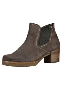 Szare zamszowe botki za kostkę z elastycznymi panelami bocznymi, okrągłym noskiem i pniowym obcasem. Kontrastowe przeszycia dodają szczegółów do projektu.