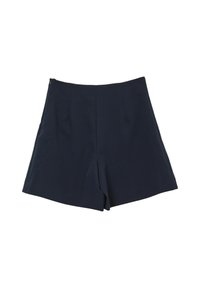 Pantaloni corti a vita alta di colore blu navy con cerniera laterale e gamba ampia, esposti su uno sfondo bianco.