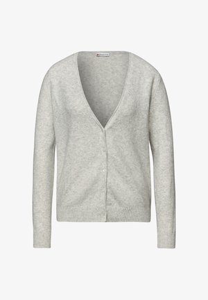 Cardigan gris clair avec un col en V profond, fermeture à un bouton, manches longues, poignets et ourlet côtelés. Tissu doux et texturé.