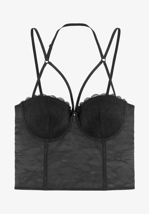 Black lace bralette with underwire cups and a sheer textured band. Features adjustable straps and a small decorative accent at the center.