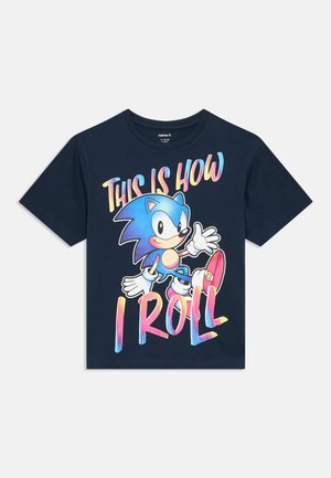Navy t-shirt with colorful text "This is how I roll" and cartoon character Sonic the Hedgehog in a dynamic walking pose.