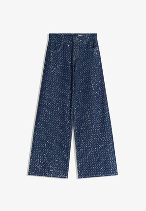 Weit geschnittene Jeans aus dunkelblauem Denim mit einem schimmernden gesprenkelten Muster und kontrastierender Nähte. Mit klassischen Taschen und Knopfverschluss.