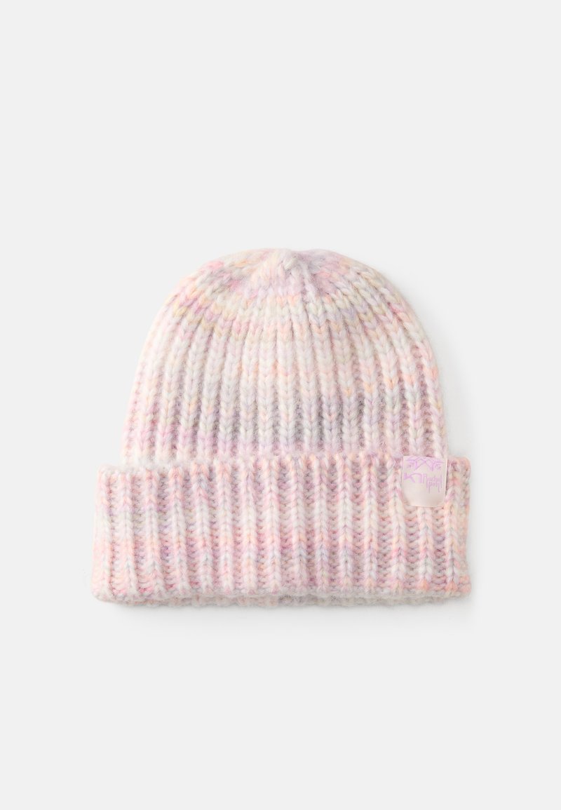 Knit beanie in pastel colors, featuring a ribbed texture and a folded cuff. Small brand label on the side. Soft and warm material.