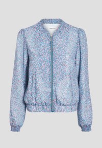 Lichtgewicht bomberjack met bloemenprint in blauw, roze en wit. Voorzien van een ritssluiting, een gerimpelde halslijn en elastische manchetten met een aangesloten tailleband.