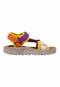 Sandalo regolabile con punta aperta con cinturini gialli, arancioni, viola e bianchi e suola beige spessa screziata con bordo ondulato.
