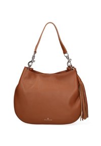 Una borsa a tracolla in pelle marrone con un'unica tracolla e frange decorative su un lato, caratterizzata da un design semplice ed elegante.