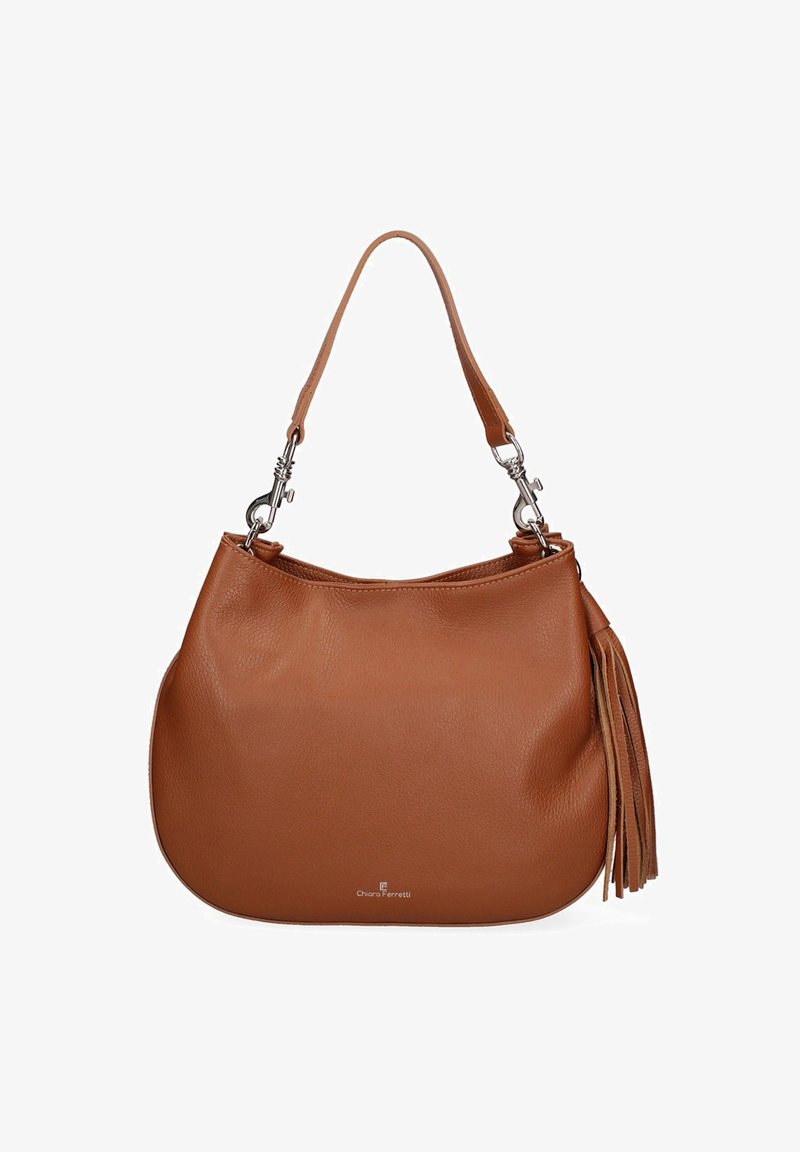Una borsa a tracolla in pelle marrone con un'unica tracolla e frange decorative su un lato, caratterizzata da un design semplice ed elegante.