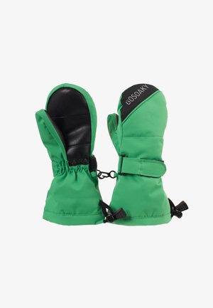 Grüne wasserdichte Fäustlinge mit einer schwarzen Lederhandfläche, elastischen Bündchen, verstellbaren Riemen und einem Markenpatch oben.