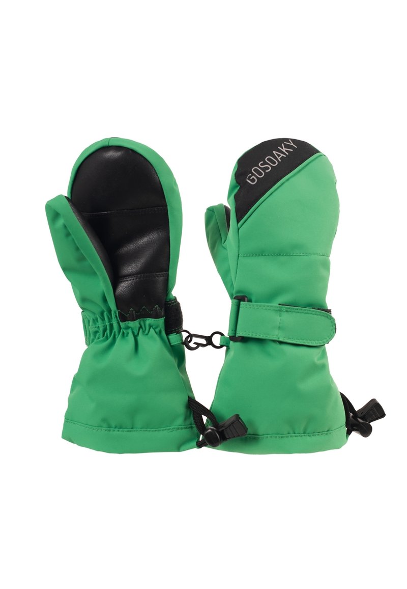 Moufles imperméables vertes avec une paume en cuir noir, des poignets élastiques, des sangles réglables et un patch de marque sur le dessus.