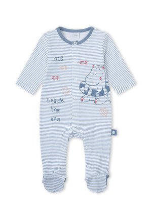Body de bebé a rayas blancas y azules con botones a presión, con un flotador de hipopótamo, pequeños peces, estrellas de mar y el texto "al lado del mar."
