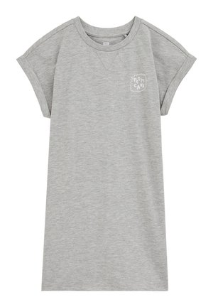 Jasnoszara bawełniana sukienka z krótkim rękawem, z podwiniętymi mankietami i małym białym logo "Tropicana" na lewej piersi.