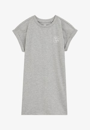 Robe en coton gris clair à manches courtes, avec poignets retroussés et petit logo blanc "Tropicana" sur la poitrine gauche.