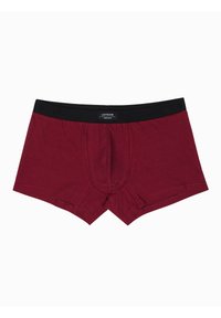 Burgundské bavlněné boxerky s černým elastickým pasem a předním pytlíkem, s plochými švy a těsným střihem.