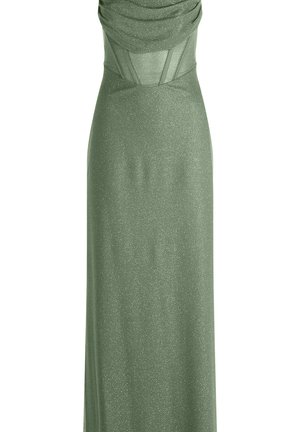 Langes, figurbetontes Abendkleid aus glänzendem olivgrünem Stoff. Mit drapiertem Ausschnitt, strukturiertem Oberteil und eleganter Silhouette.